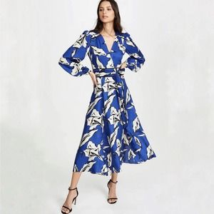 Veronica Beard Mclean Dress Womens 8 Silk Blend Floral Wrap Midi Tie Waist Blue